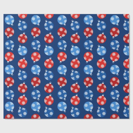 雪片のあるクリスマスブルーと赤いオーナメント ラッピングペーパー (フラット)