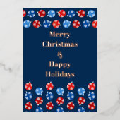 雪片のあるクリスマスブルーと赤いオーナメント 箔シーズンカード (正面)