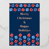雪片のあるクリスマスブルーと赤いオーナメント 箔シーズンカード (正面)