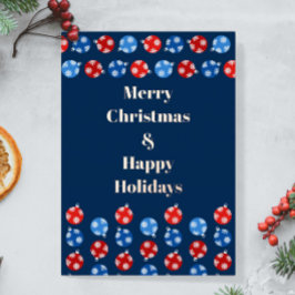 雪片のあるクリスマスブルーと赤いオーナメント 箔シーズンカード