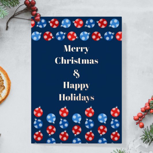 雪片のあるクリスマスブルーと赤いオーナメント 箔シーズンカード