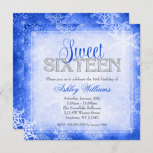 雪片のきらめく青い冬のワンダーランドスイート16 招待状 (正面/裏面)
