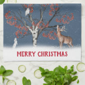 雪片のキッチンでクリスマスの冬の野生動物 キッチンタオル (折り畳み)