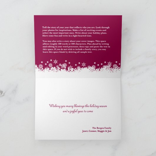 雪片のクリスマスの休日の物語のカスタムの写真 シーズンカード (内部)