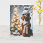 雪片のクリスマスアイリッシュセッター カード (黄色い花)