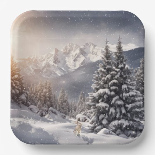 雪片のクリスマスバニー ペーパープレート (正面)