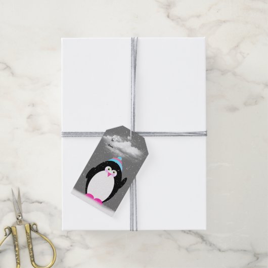 雪片のクリスマスペンギン ギフトタグ (より糸付き)