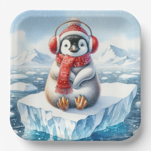 雪片のクリスマスペンギン ペーパープレート (正面)