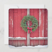 雪片のクリスマスリース付きレッドバーンドア シーズンカード (正面)
