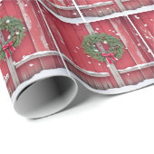 雪片のクリスマスリース付きレッドバーンドア ラッピングペーパー (ロールコーナー)