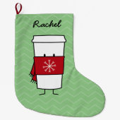 雪片のスカーフが付いている熱いコーヒー ラージクリスマスストッキング (正面)