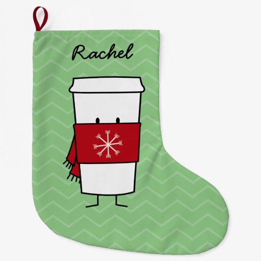 雪片のスカーフが付いている熱いコーヒー ラージクリスマスストッキング (正面)