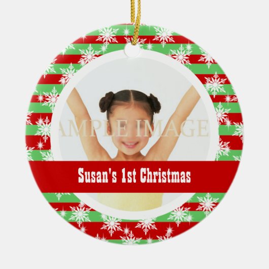 雪片のストライプな写真テンプレート セラミックオーナメント (正面)