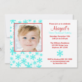 雪片のティール（緑がかった色）の赤い冬のOnederlandの誕生日 招待状