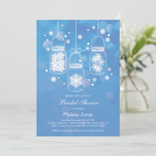 雪片のブライダルシャワーの招待状が付いているメーソンジャー 招待状 (スタンド正面)