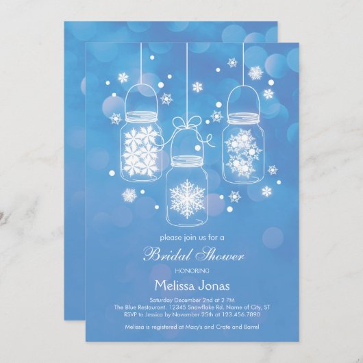 雪片のブライダルシャワーの招待状が付いているメーソンジャー 招待状 (正面/裏面)