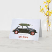 雪片のレトロな車のクリスマスツリー カード (黄色い花)