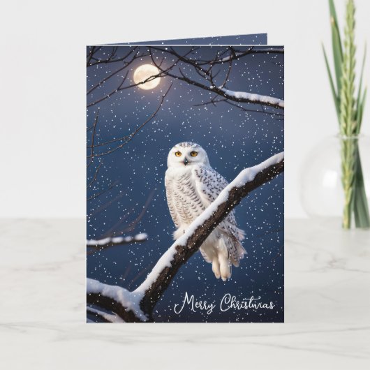 雪片の中のクリスマススノーフクロウ シーズンカード (正面)