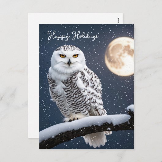 雪片の中のクリスマススノーフクロウ シーズンポストカード (正面/裏面)