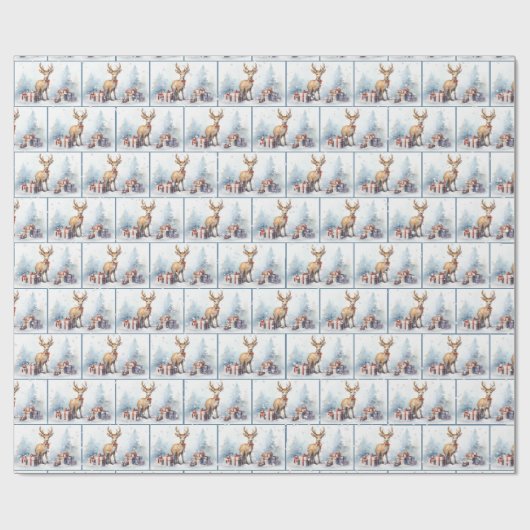 雪片の中の水の色のクリスマスシカ ラッピングペーパー (フラット)
