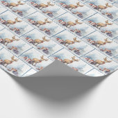 雪片の中の水の色のクリスマスシカ ラッピングペーパー (角)