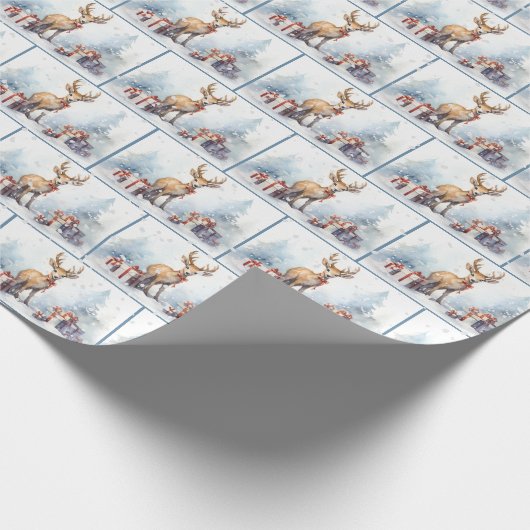 雪片の中の水の色のクリスマスシカ ラッピングペーパー (角)