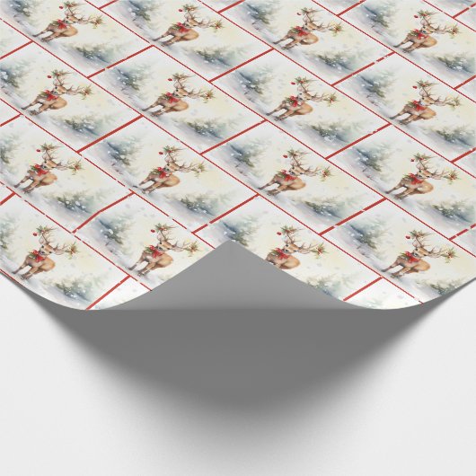雪片の中の水の色のクリスマスシカ ラッピングペーパー (角)