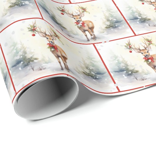 雪片の中の水の色のクリスマスシカ ラッピングペーパー (ロールコーナー)