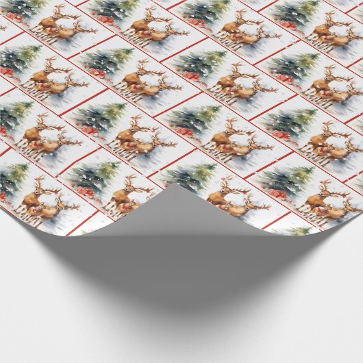 雪片の中の水彩クリスマスディアファミリー ラッピングペーパー (角)