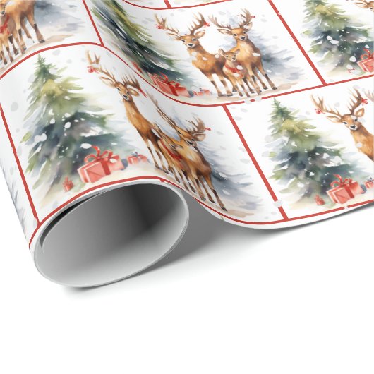 雪片の中の水彩クリスマスディアファミリー ラッピングペーパー (ロールコーナー)