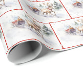 雪片の中の水彩色のサンタクロースとそり ラッピングペーパー (ロールコーナー)