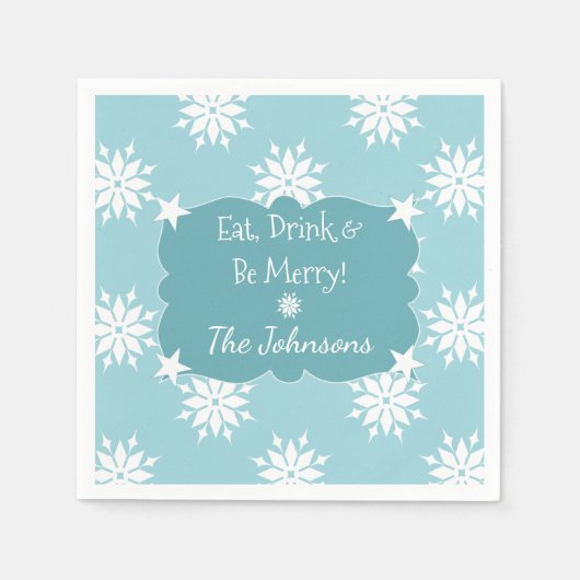 雪片の付いたクリスマスアイスブルー スタンダードカクテルナプキン (正面)