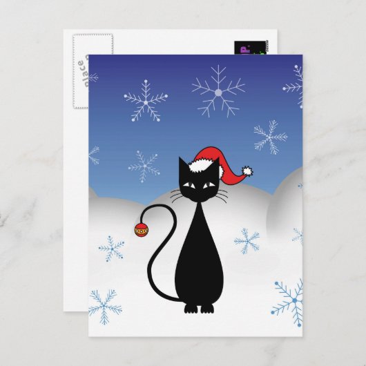 雪片の付いたクリスマスキャット シーズンポストカード (正面/裏面)