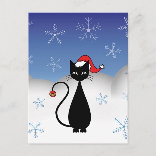 雪片の付いたクリスマスキャット シーズンポストカード (正面)