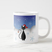 雪片の付いたクリスマスキャット ジャンボコーヒーマグカップ (右)