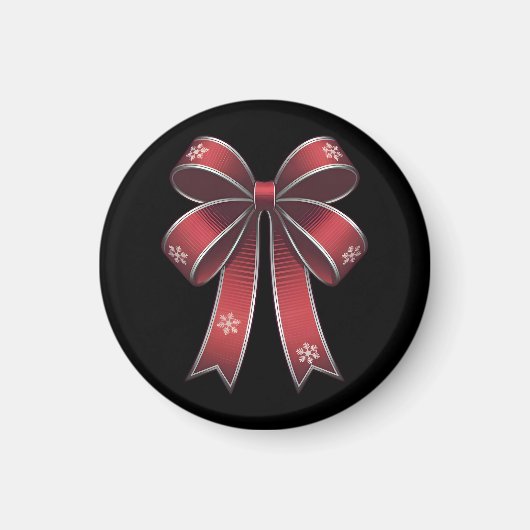 雪片の付いたクリスマスコケットのレッドボウ マグネット (正面)