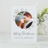 雪片の付いたメリークリスマスカードブルーグレー セーブザデート (スタンド正面)