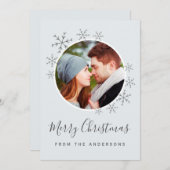 雪片の付いたメリークリスマスカードブルーグレー セーブザデート (正面/裏面)