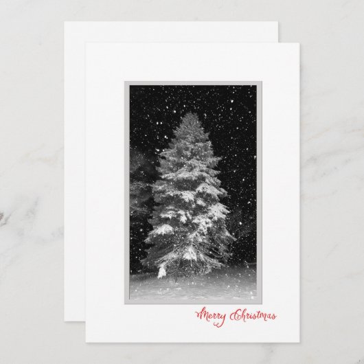 雪片の付いた夜木クリスマスカード シーズンカード (正面/裏面)