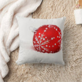 雪片の付いた赤いクリスマスボール クッション (ブランケット)