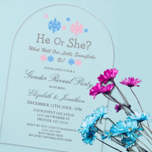 雪片の冬のジェンダーのリビール アクリル招待状