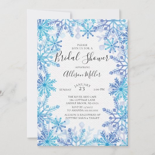 雪片の冬のブライダルシャワーの招待状 招待状 (正面)