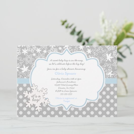 雪片の冬の不思議の国のベビーシャワーの招待 招待状 (スタンド正面)