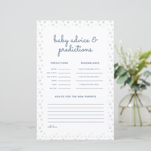 雪片の冬の赤ちゃんシャワー予測カード (スタンド正面)