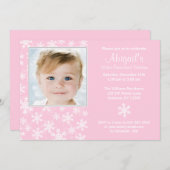 雪片の冬のOnederlandのピンクの写真の誕生日 招待状 (正面/裏面)