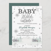 雪片の外が寒い森のベビーシャワー 招待状 (正面/裏面)
