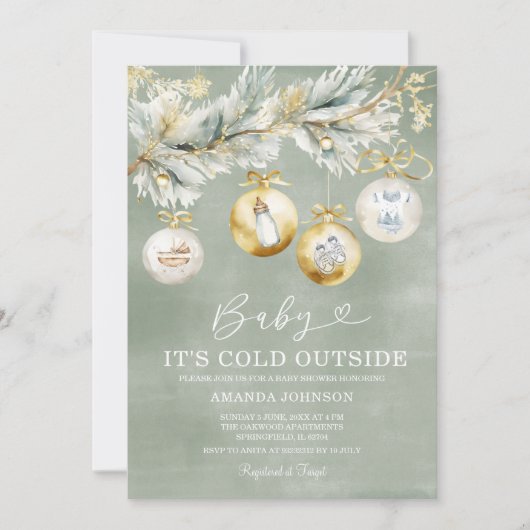雪片の外のセージ寒さクリスマスベビーシャワー 招待状 (正面)