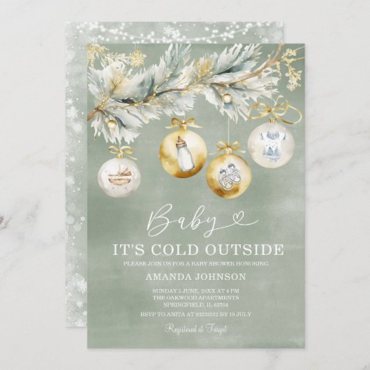 雪片の外のセージ寒さクリスマスベビーシャワー 招待状 (正面/裏面)