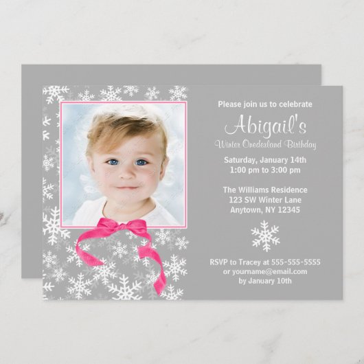 雪片の弓冬のOnederlandの写真の誕生日 招待状 (正面/裏面)