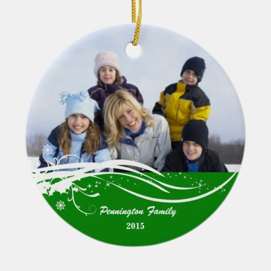 雪片の渦巻のクリスマスの休日の写真のオーナメント セラミックオーナメント (正面)